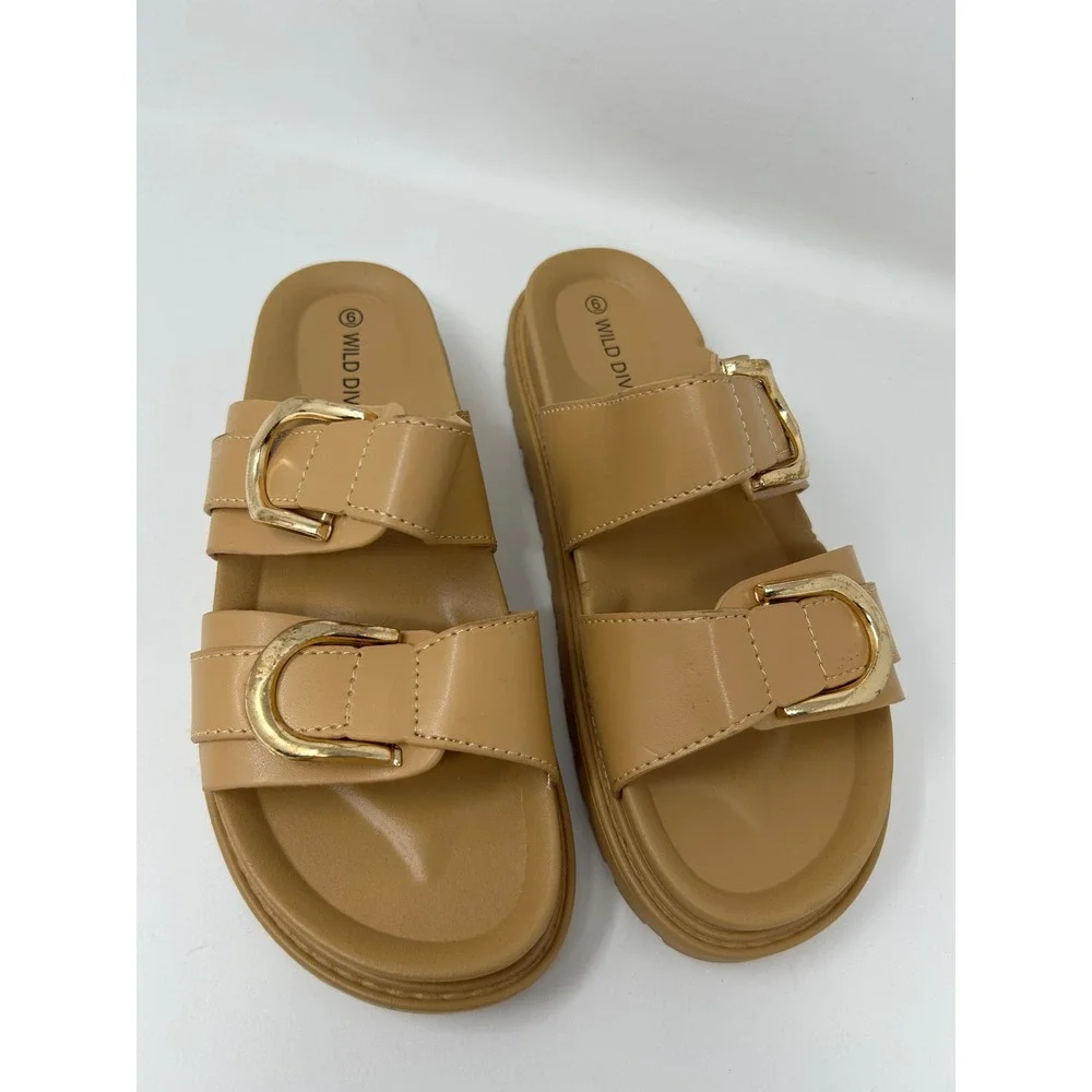 Wild Diva Lounge Tan Platform Slide Sandals Gold Buckle Double Strap Womens 6